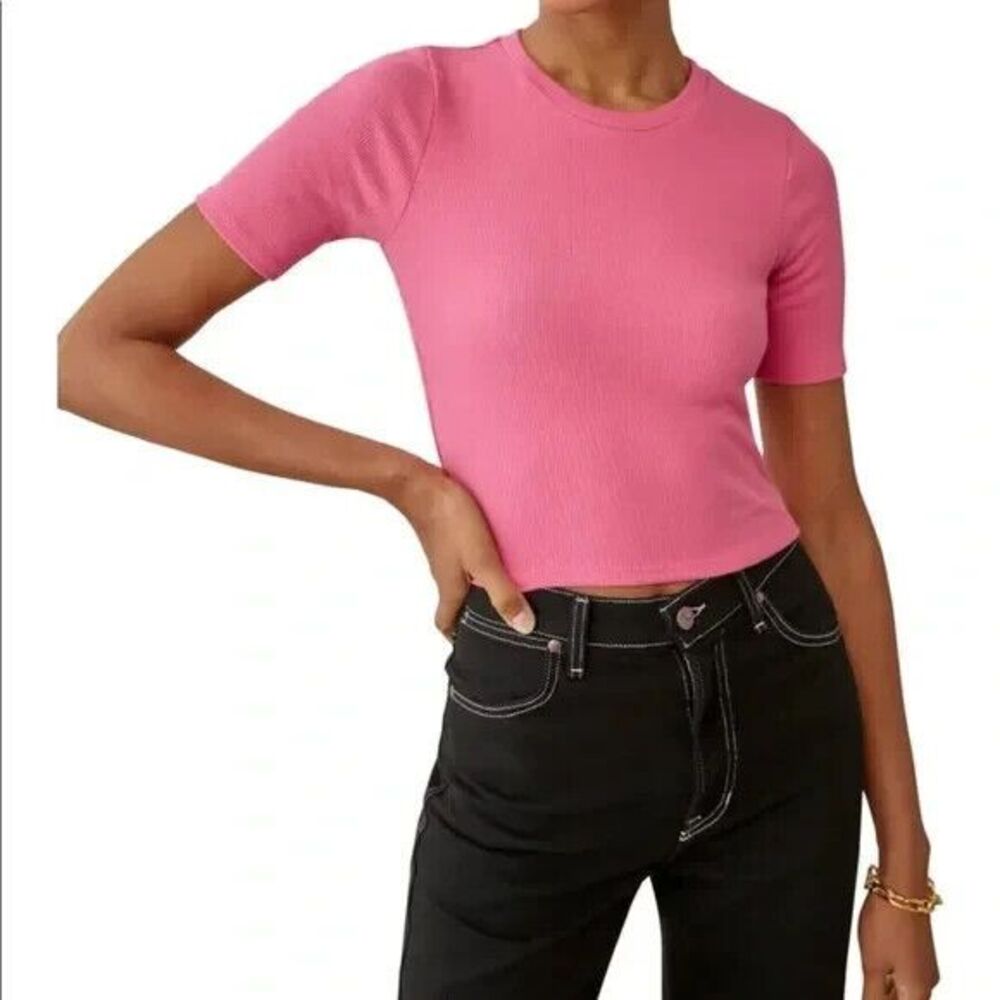 Reformation Gerard Top Back Cutout Stretchy Ribbed Fitted Tee Snapdragon Pink M